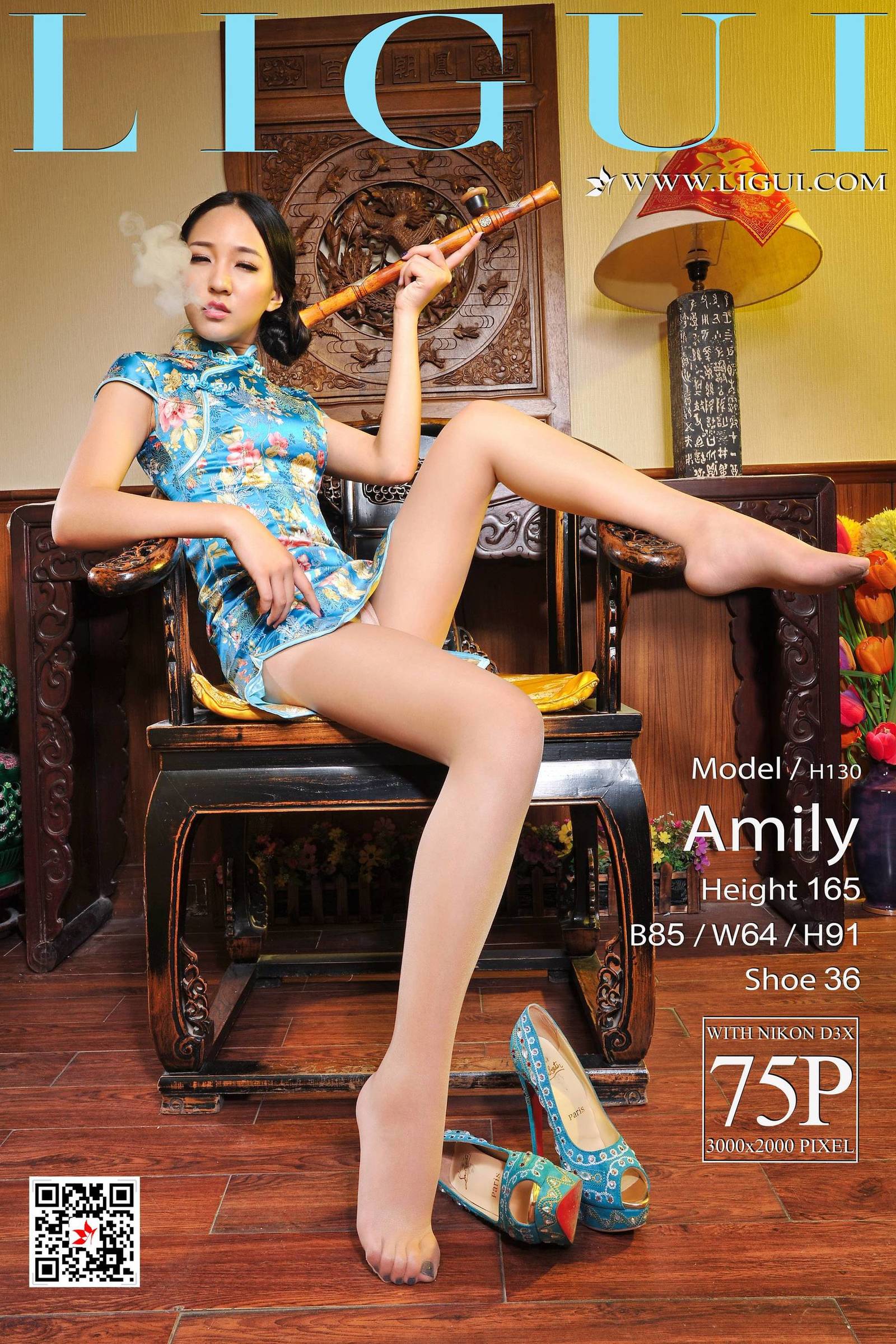 [Ligui丽柜] Model Amily - 蓝色旗袍丝足 写真套图[76P]